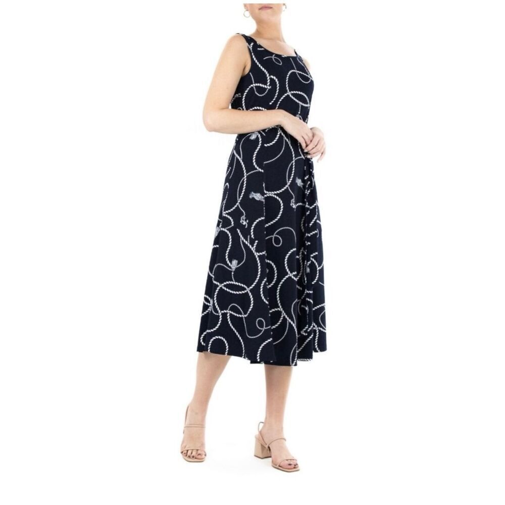 Nina Leonard Navy & White Tassel Nautical Print Sleeveless Swing Dress sz 2X EUC